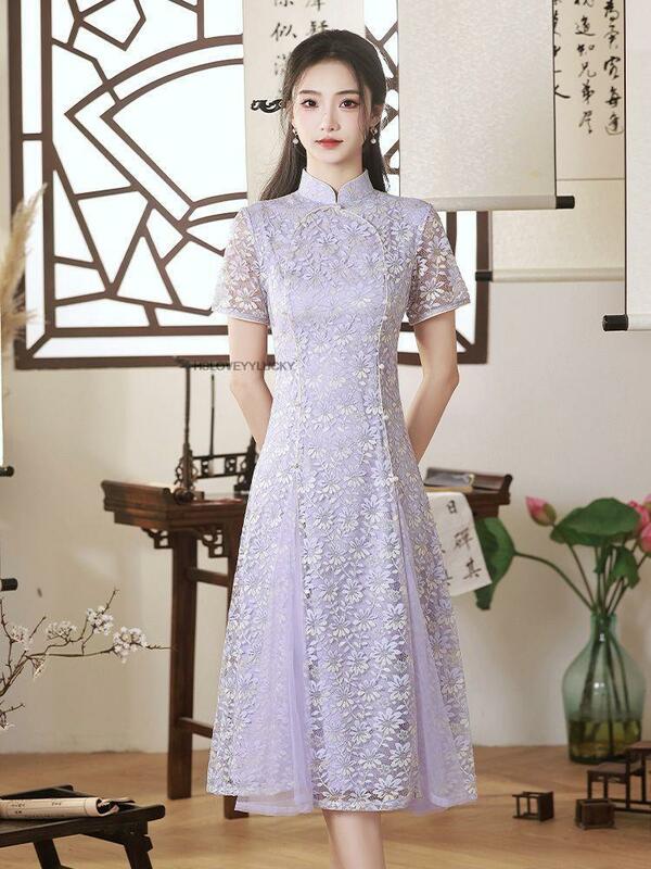 Chinese Cheongsam Vestido Party Cheongsam Vintage Womens Wedding Qipao Evening Party Dress Purple Lace Oriental Qipao Dress