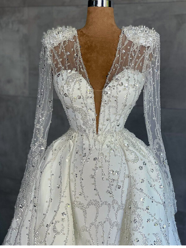 Robe de mariée luxueuse en forme de sirène, avec traîne amovible, sur mesure, en dentelle, paillettes, trompette