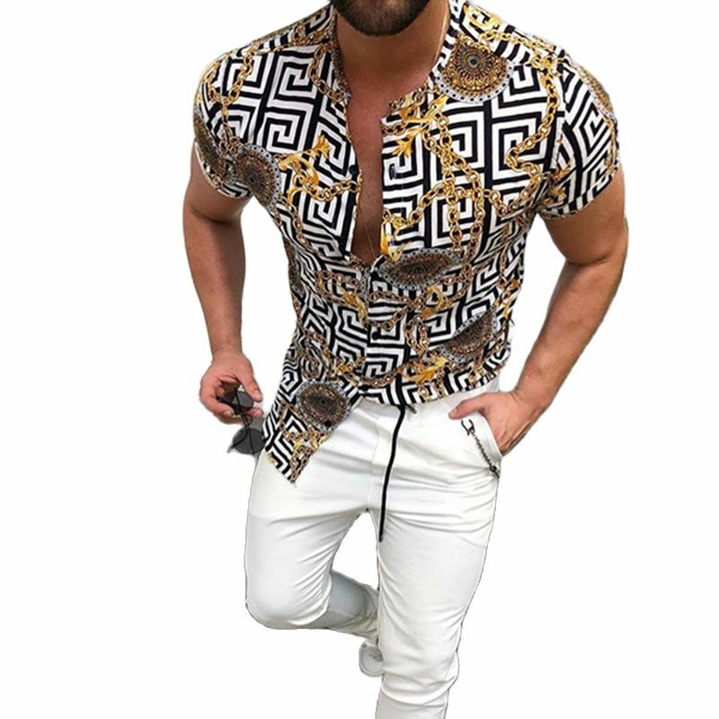 Рубашка мужская приталенная с коротким рукавом, модная повседневная с принтом, в клетку, с воротником-стойкой и золотыми цепочками, лето 2021