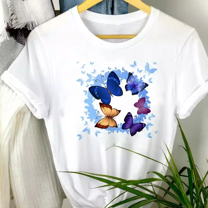 Europe and The United States Fashion Love Butterfly Trend Cartoon Women's Printed Round Neck T-shirt Top Graphic T Shirts Tops