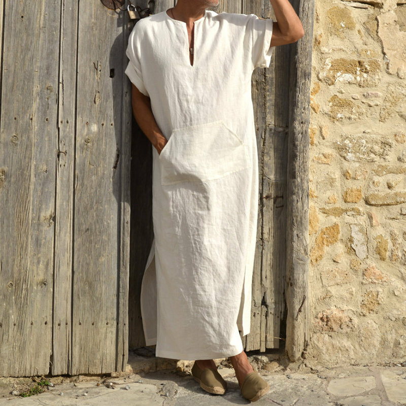 Caftán árabe de manga corta para hombre, túnica larga con bolsillos, ropa islámica Thobe musulmana, 2024
