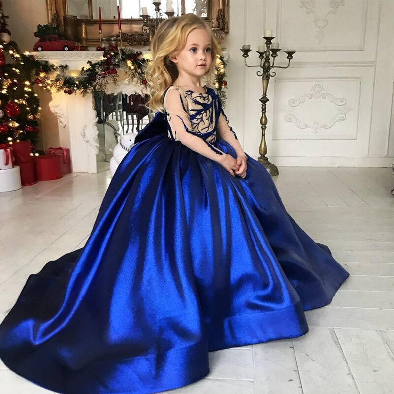 Yipeisha Royal Blue Satin Flower Girl Dresses O Neck Long Sleeves Emberoidery Lace Ball Kids First Communion Dress Party Gown