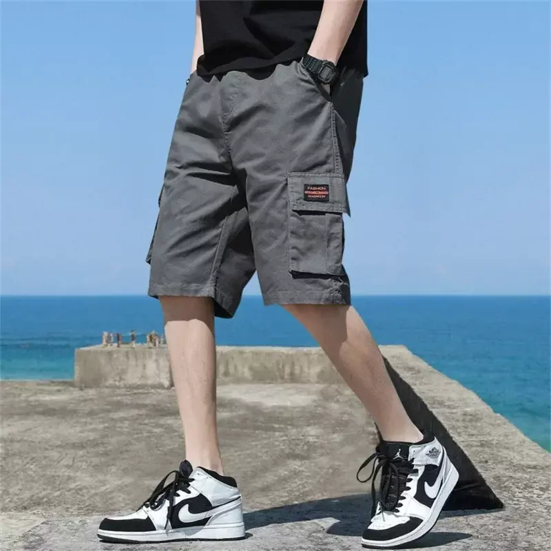 Pantalones cortos Cargo para hombre, Shorts con estampado de letras y bolsillo, informales, rectos, a la moda, novedad de verano