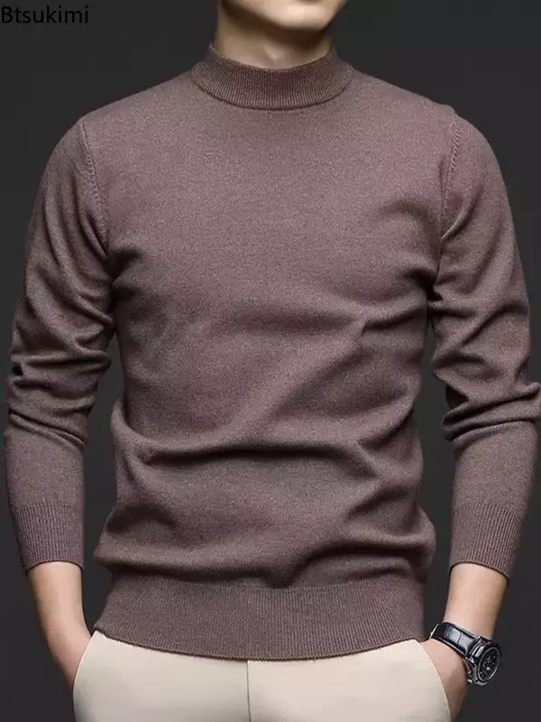 2024 Men's Thick Warm Sweater Tops Autumn Winter Keep Warm Pullover Sweater Half High Collar Wool Bottom Shirt for Men Clothes