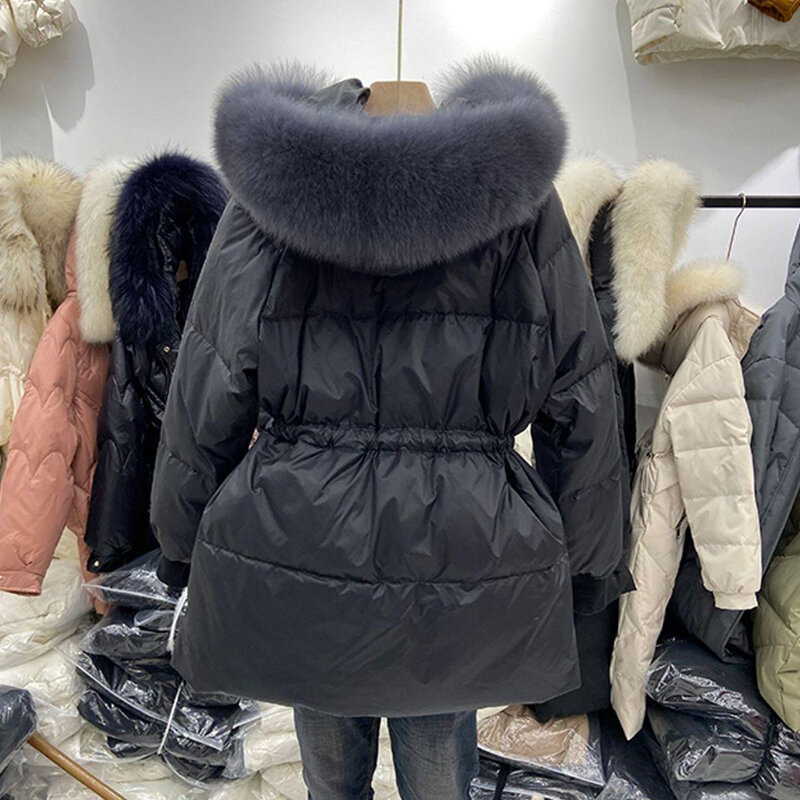 Jaket bulu angsa wanita musim dingin 2024 mantel hangat ultra-ringan jaket wanita dengan sabuk bertudung Parka mantel kerah bulu besar
