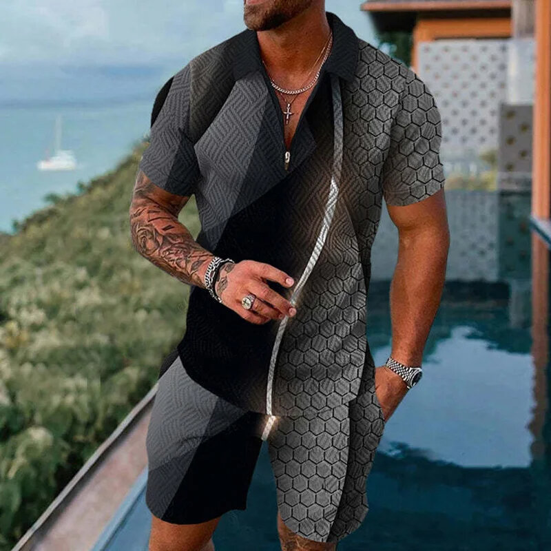 Homens gradiente impressão 3D polo camisas set, zíper lapela conjuntos de polo, gola e shorts, monocromática, havaiana férias roupas, 2pcs