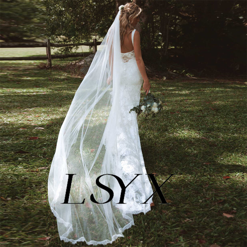 LSYX gaun pernikahan putri duyung Ruched renda tanpa lengan leher persegi gaun pengantin panjang lantai belahan sisi tinggi punggung terbuka buatan khusus
