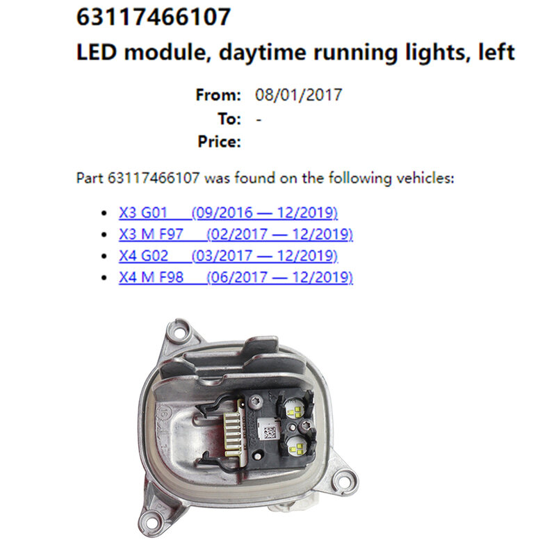 White Lightsource Daylight LED Modules For 2018-2021 BMW X3 X4 G01 G02 Daytime Running Light Module 63117466107 63117466108