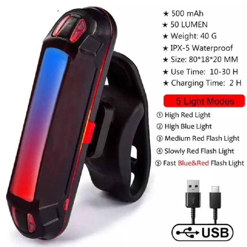 USB recarregável LED bicicleta luz traseira, lâmpada de advertência de segurança impermeável, bicicleta piscando acessórios, equitação noturna, ciclismo taillight