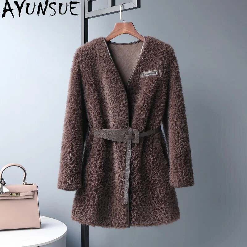 100% AYUNSUE Wool Jacket for Women 2024 Autumn Winter Mid-length Sheep Shearing Jackets Casual Fur Coat Lace-up Manteaux Femme