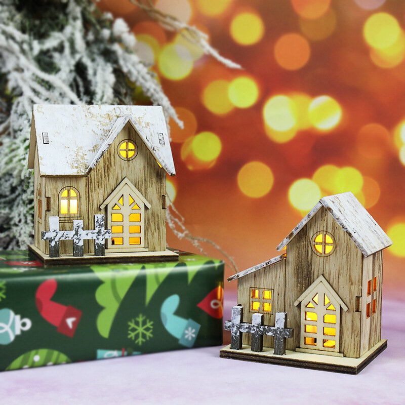 Heißer Verkauf Weihnachten Leucht Kabine Weihnachten Holz Haus Glittery LED Licht Hause Dekoration Nacht Lampe Anhänger Prop Led Geschenk
