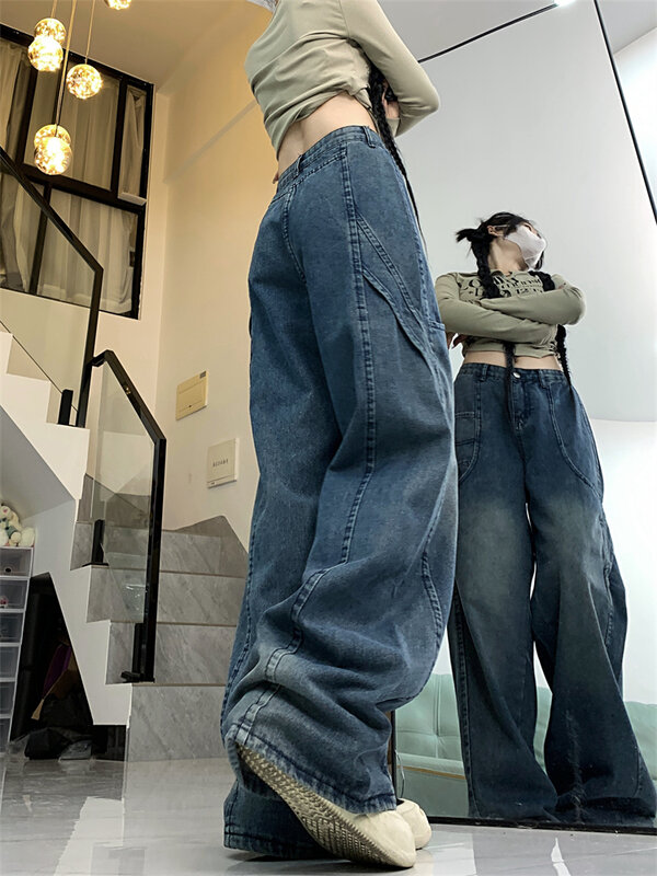 Women's Large Pocket Design Blue Jeans Vintage American Street Style Casual Wide Leg Pants Female Straight Denim Trousers