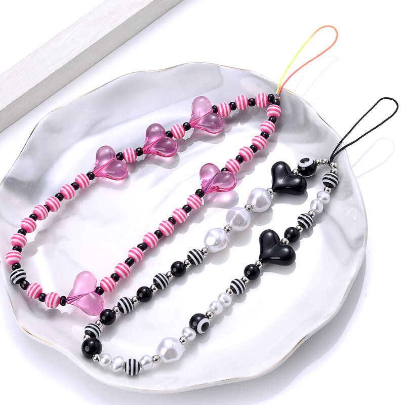 Moda 8 colori acrilico a forma di cuore perline rotonde Anti-perso catene per cellulari acrilico catena per cellulare cordino gioielli da donna