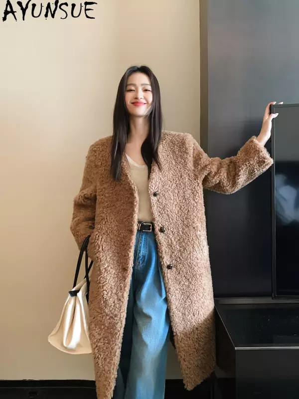 AYUNSUE kualitas tinggi mantel wol murni wanita 2023 musim dingin mode Korea 100% jaket cukur domba mantel bulu panjang Casaco Feminino