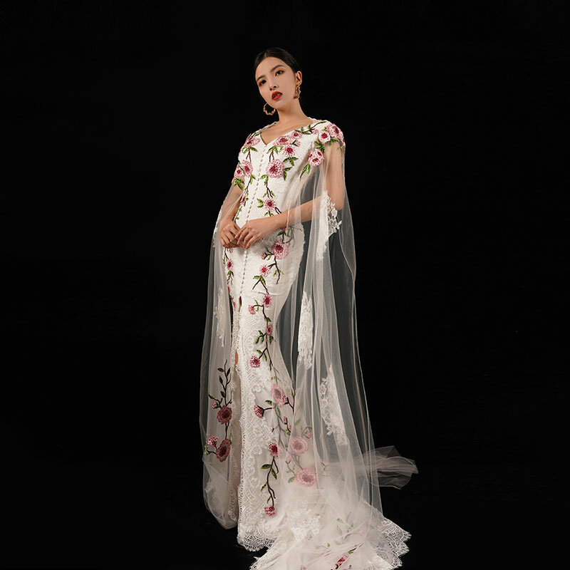 Baisha-vestido de novia de lujo con flores de encaje, vestido de noche de graduación con diamantes de imitación, falda dividida personalizada, H1544