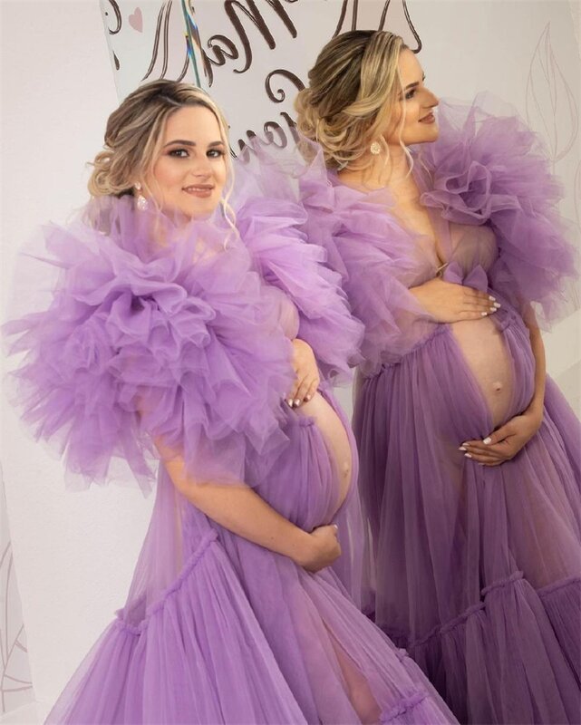 Paars Moederschap Jurk Voor Fotoshoot Puffy Tulle Mouwen Plus Size Vrouwen Prom Zwangere Gown Badjas Nachtkleding Custom Made