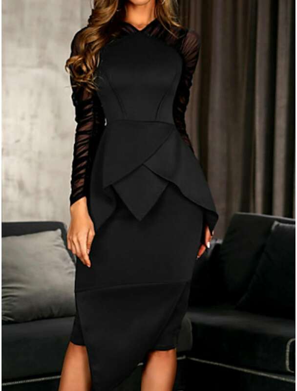 Elegancka pochwa mała czarna sukienki do kolan Spandex z marszczonymi falbanami na rękawie iluzji formalne suknie koktajlowe dla gości weselnych