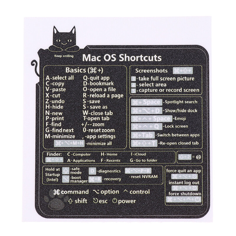 맥 OS 참조 키보드 컴퓨터 단축키 스티커, 빠른 참조 키보드 가이드용, 탈착식 접착 스티커, 블랙