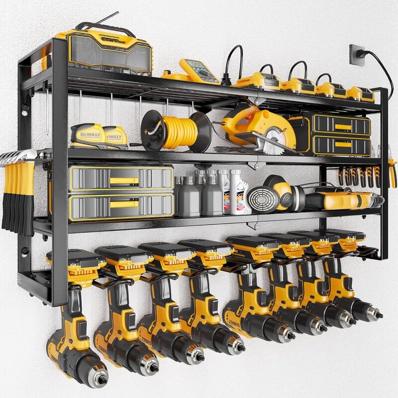 Organizador de herramientas eléctricas con estación de carga y 8 tomas de corriente, 8 soportes de taladro, almacenamiento de garaje de 4 capas, montaje en pared