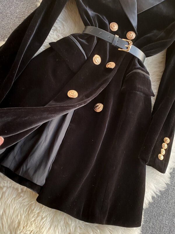 여성용 벨벳 수트 재킷, 더블 브레스트, 긴 소매, 블랙 블레이저 벨트, 슬림 수트, 블레이저 아우터, 겨울