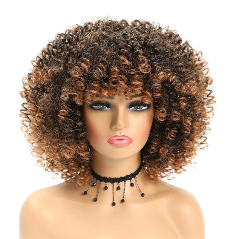 Peruca de fibra sintética preta para mulheres, cabelo pequeno encaracolado, peruca de explosão, peruca africana nova, peruca de cabeça, conjunto completo