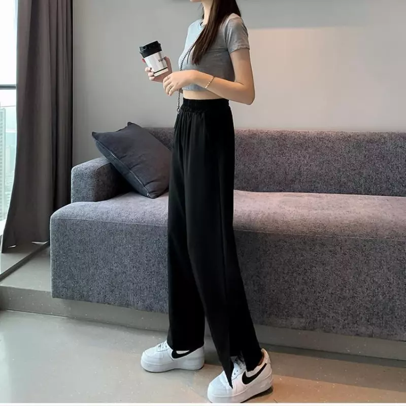 Celana panjang kasual wanita, hitam, belah samping kaki lebar, longgar sederhana cocok untuk harian nyaman pinggang tinggi gaya Ulzzang musim panas