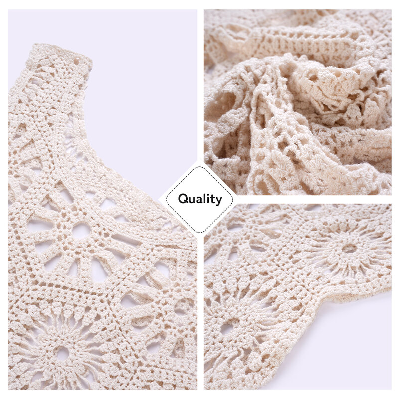 Women's Boho Vest Beige Floral Eyelet Embroidery Knit  Summer Crew Neck Sleeveless Hollow out Tank Crochet Sweater Tops 2024