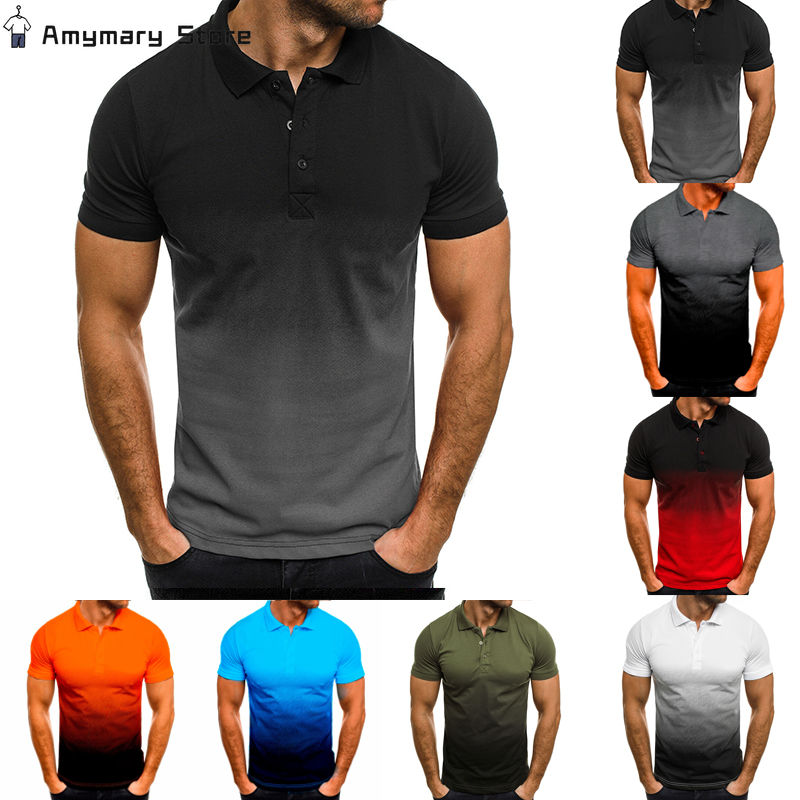 Kaus Polo lengan pendek pria, pakaian harian atasan ramping olahraga bulu tangkis Golf ramping kasual warna gradien musim panas