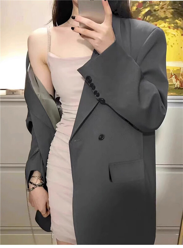 UNXX-Blazer cinza extragrande para mulheres, senhora do escritório, terno casual feminino, blusa descontraída, alta qualidade, temporada de outono, primavera, outono, 2022