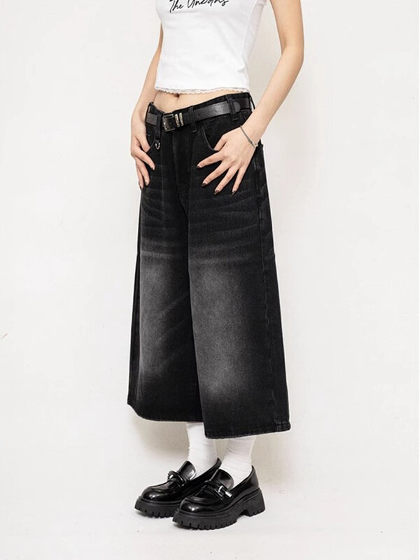 Shorts jeans largos Y2K feminino, calça curta de perna larga, jeans com cintura alta, calça reta casual, moda feminina, estilo de rua