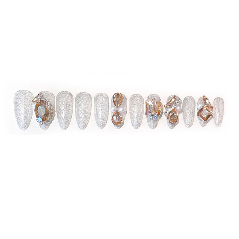 Large Pieces Rhinestone False Nails Long Almond UV Gel Cool Color Nails for Easily Gardening House Working