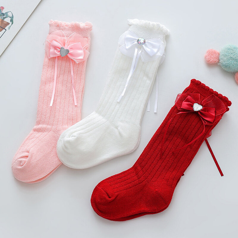 Calcetines acanalados con lazo para niñas, medias de tubo medio para niños de 0 a 3 años, primavera y otoño