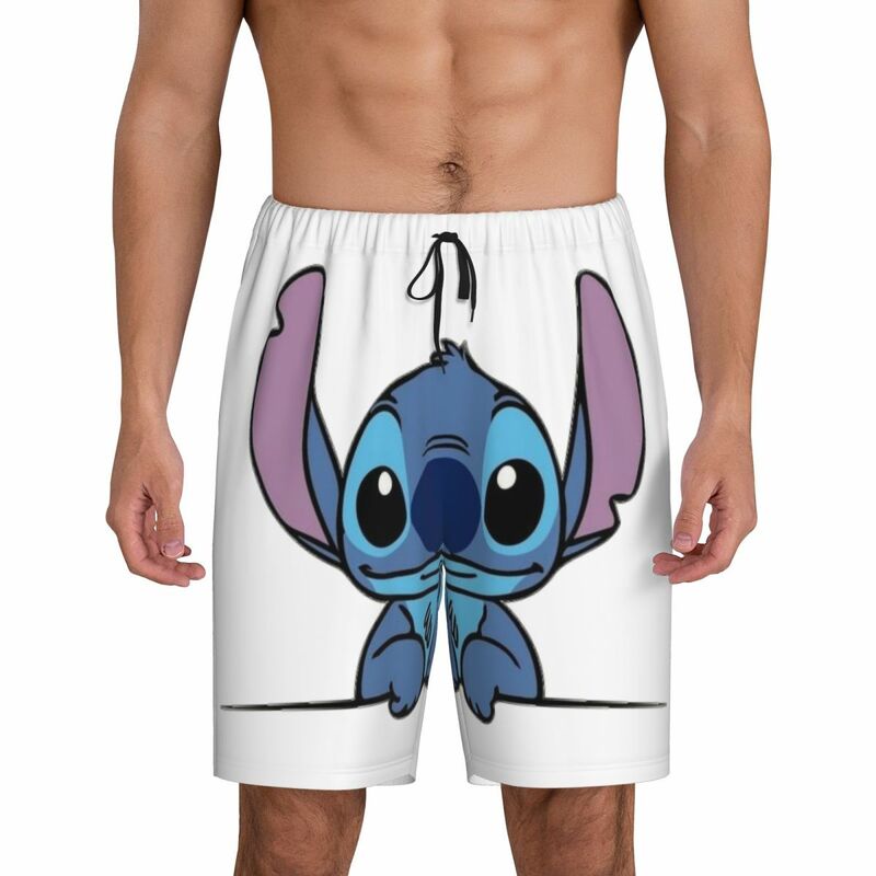 Dos desenhos animados dos homens Stitch Pijama Shorts, Sleep Pjs Sleepwear, Bottoms com bolsos, impresso personalizado