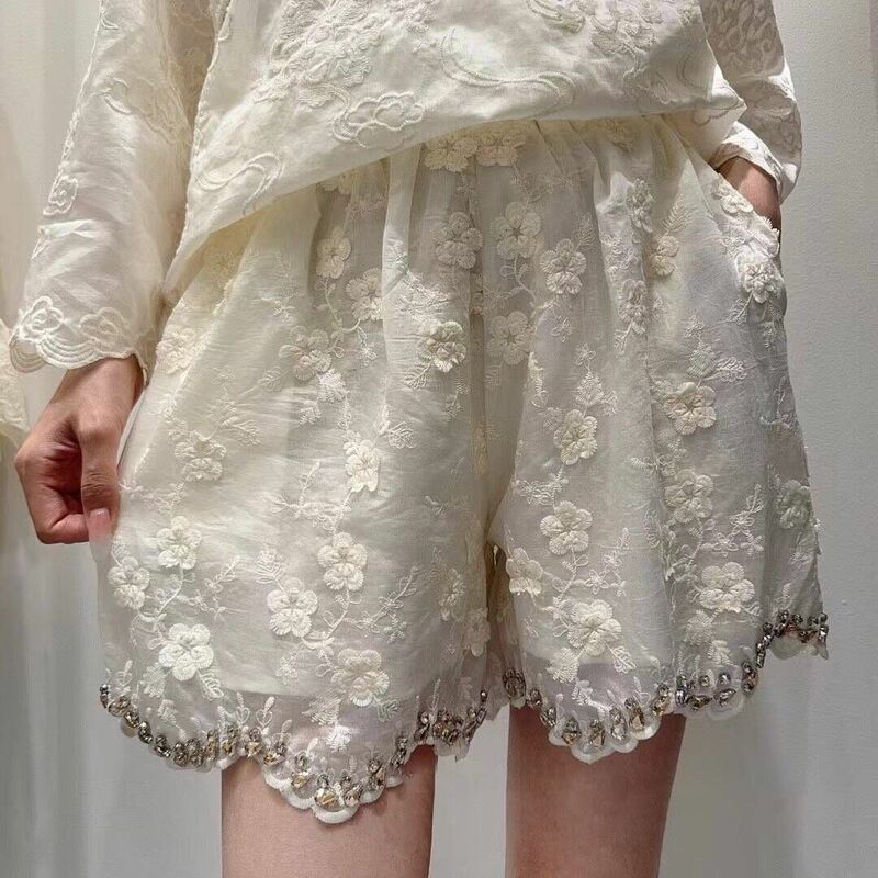 Diamond lace lace casual shorts for women's summer 2024 new loose high waisted wide leg hot pants GM-107