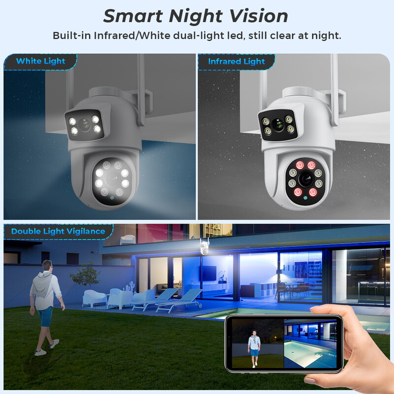 Câmera de vigilância CCTV ao ar livre, lente dupla, tela dupla, zoom digital 4X, HD, rastreamento automático, 4K, 8MP PTZ, Wi-Fi, aplicativo iCSee