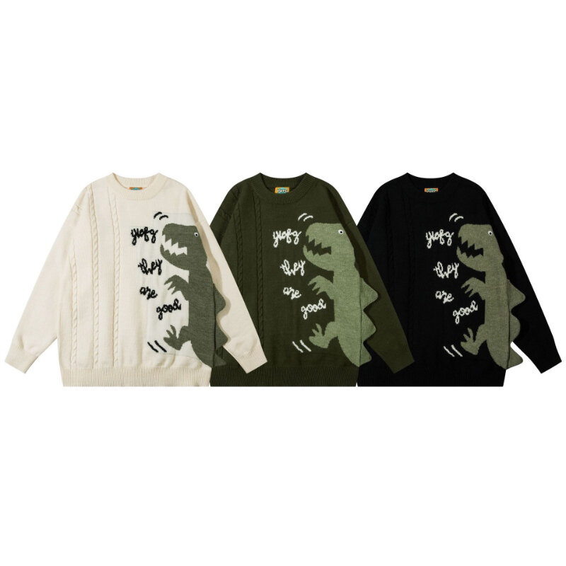 2023 Autumn/Winter New Cartoon Loose Sweater Men's Fashion Brand Long Sleeve Dinosaur Couple Knit T-shirt Round Neck Top