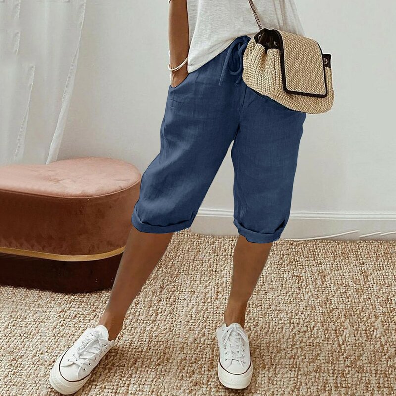 Letnie damskie bawełniane lniane spodnie do kolan modne solidne duże kieszenie elastyczne spodnie na co dzień wysokiej talii kobiece spodnie Streetwear