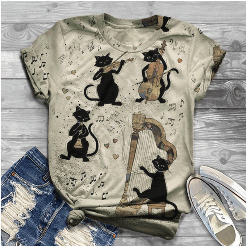 Camiseta de manga curta feminina, gato desenho animado 3D, moda verão, roupas femininas, camiseta top casual diário