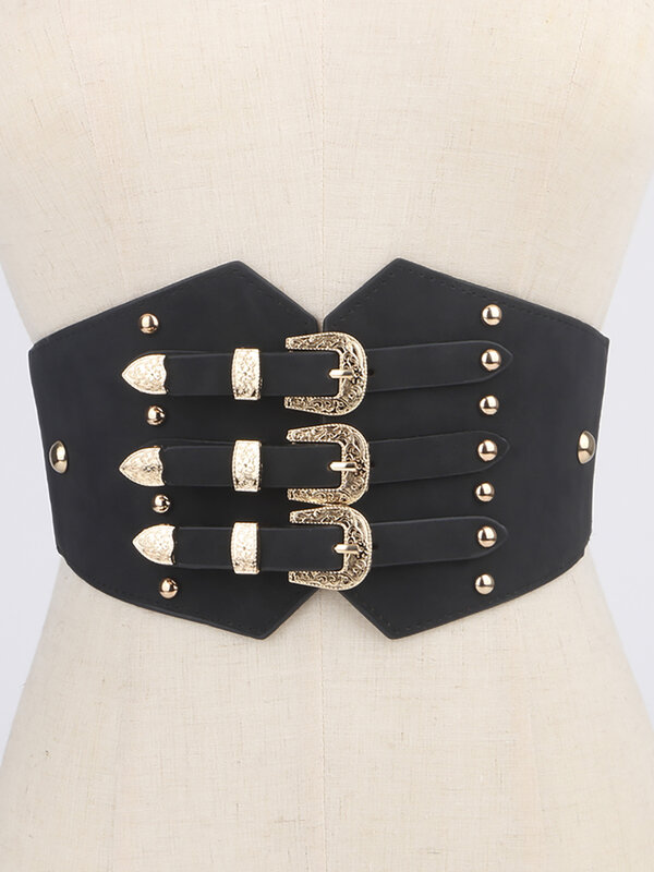 Três fileira fivela de ouro moda vintage clássico cintura decorativa cintos femininos elástico envoltório cinto de bellyband luxo para vestido casaco