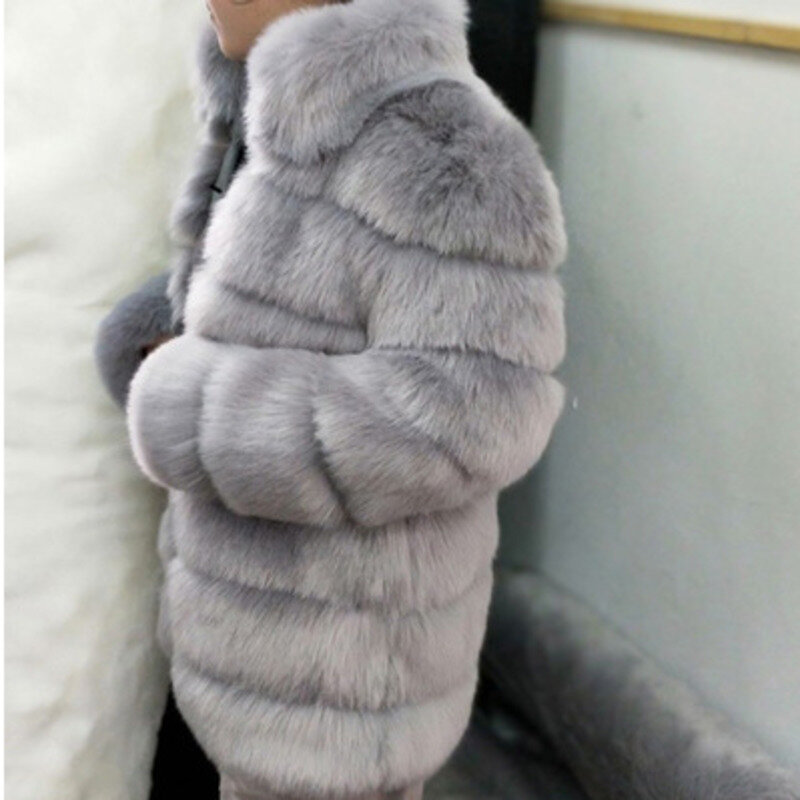 Abrigo cálido de piel de zorro para mujer, abrigo de invierno de alta calidad con cuello de pie, moda de calle