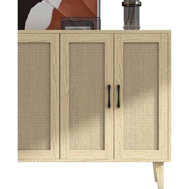 Panana Szafka do przechowywania bufetu z dekoracją rattanową 4-drzwiowa kredens kuchenny do salonu 48,43 x 34,65 x 15 cali