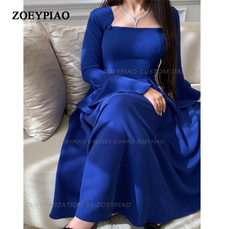 Royal Blue A Line Button Woman Evening Dress Gown Full Sleeves Satin Square Neck Prom Gown Night Dress Gown robes de soirée