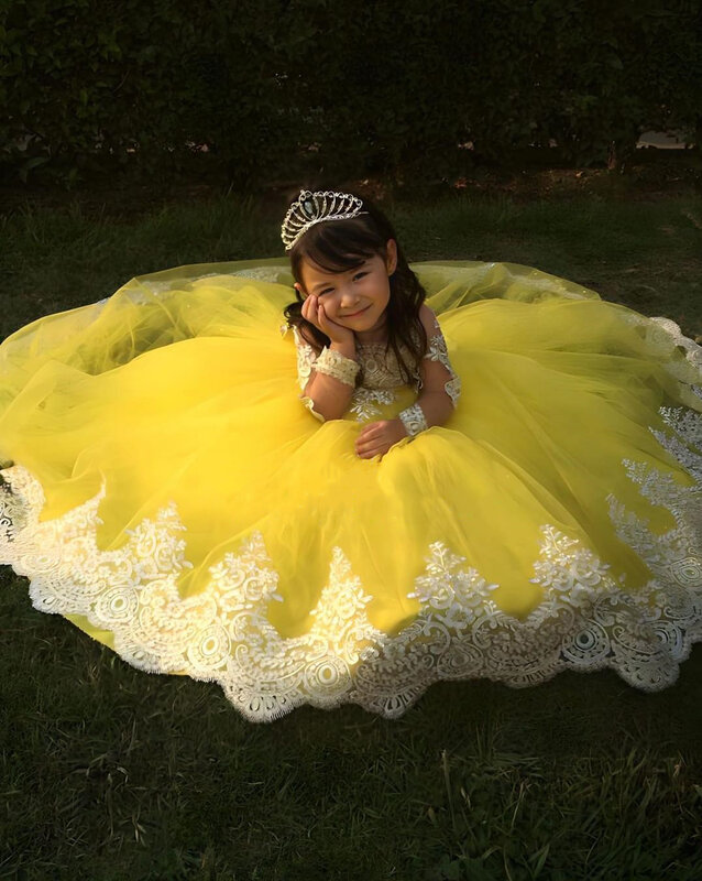 فستان فتاة الزهور الصفراء تول ، زين رقيق ، كم كامل مع القوس ، فساتين حفلة عيد ميلاد eucharist الأولى للطفل