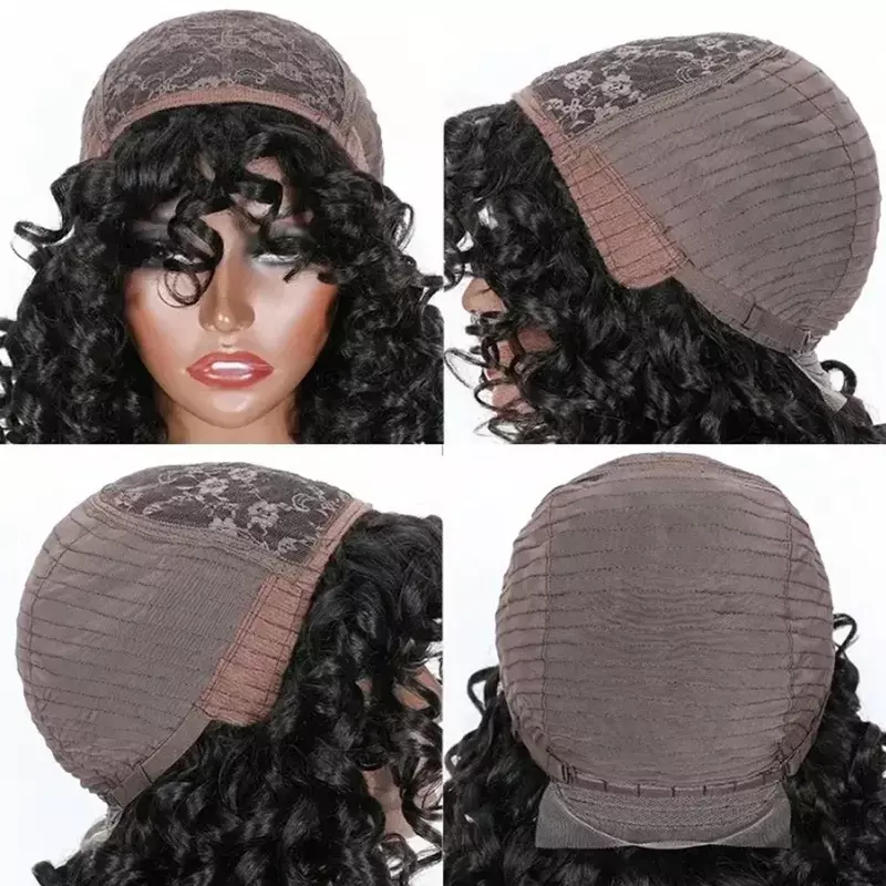 Peluca corta rizada con flequillo para mujer, cabello humano listo para usar, sin pegamento, rizada, hinchable, hecha a máquina, Afro