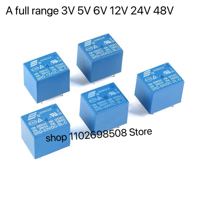 100pcs Lote de SRD-03VDC-SL-C SRD-05VDC-SL-C, 3V, 5V, 6V, 9V, 12V, 24V, 48V, 10A, 100 V,