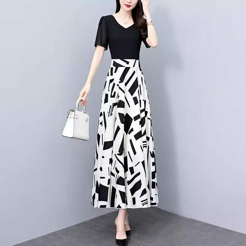 Новое шифоновое платье с принтом, модель 2024 года, модное облегающее Летнее Длинное платье с коротким рукавом и поясом, женская одежда большого размера в Корейском стиле, K857