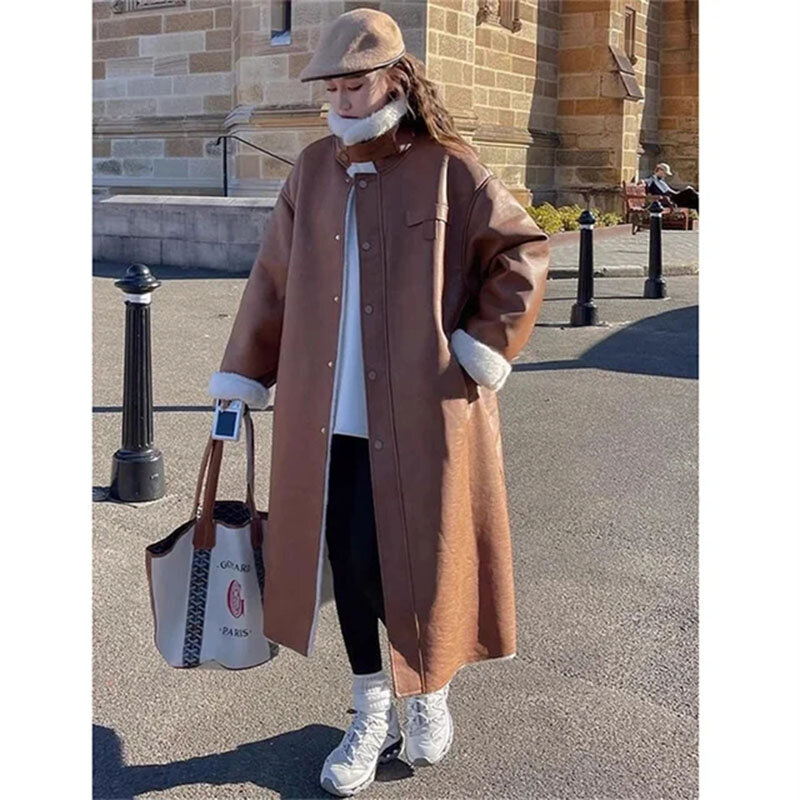 2024 Winter New Brown Faux Fur Jacket For Women's Retro Suede Lamb Fur With Velvet And Thick Rabbit Hair Cotton Jacket Long Lady