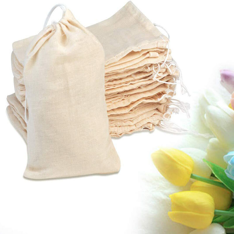 50 sacchetti di scorie di cotone naturale al pz/lotto sacchetto di garza con coulisse per fiori secchi imballaggio per tè organizzatore di stoccaggio sacchi Logo personalizzato