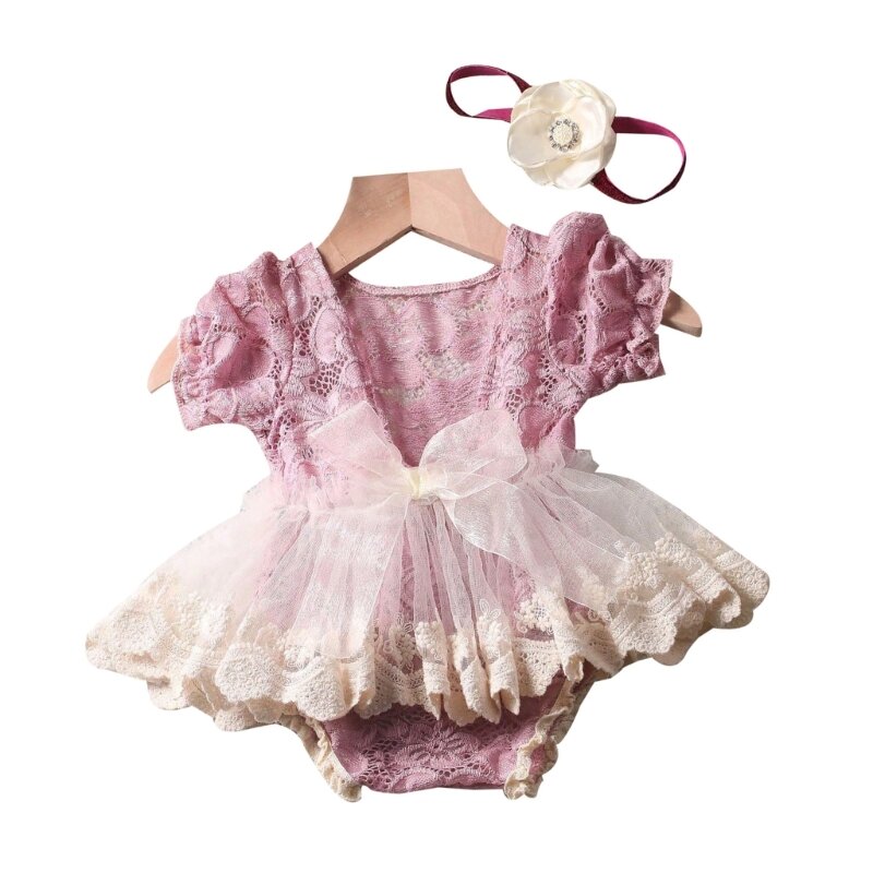 Y1UB – combinaison en dentelle, couvre-chef à fleurs, tenue pose Photo pour bébé, Costume Photo pour nouveau-né