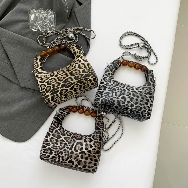 Bolsa tiracolo padrão leopardo para senhoras, saco de balde vintage, bolsas de dia, bolsa de ombro cáqui Lady, novo designer, verão, 2024